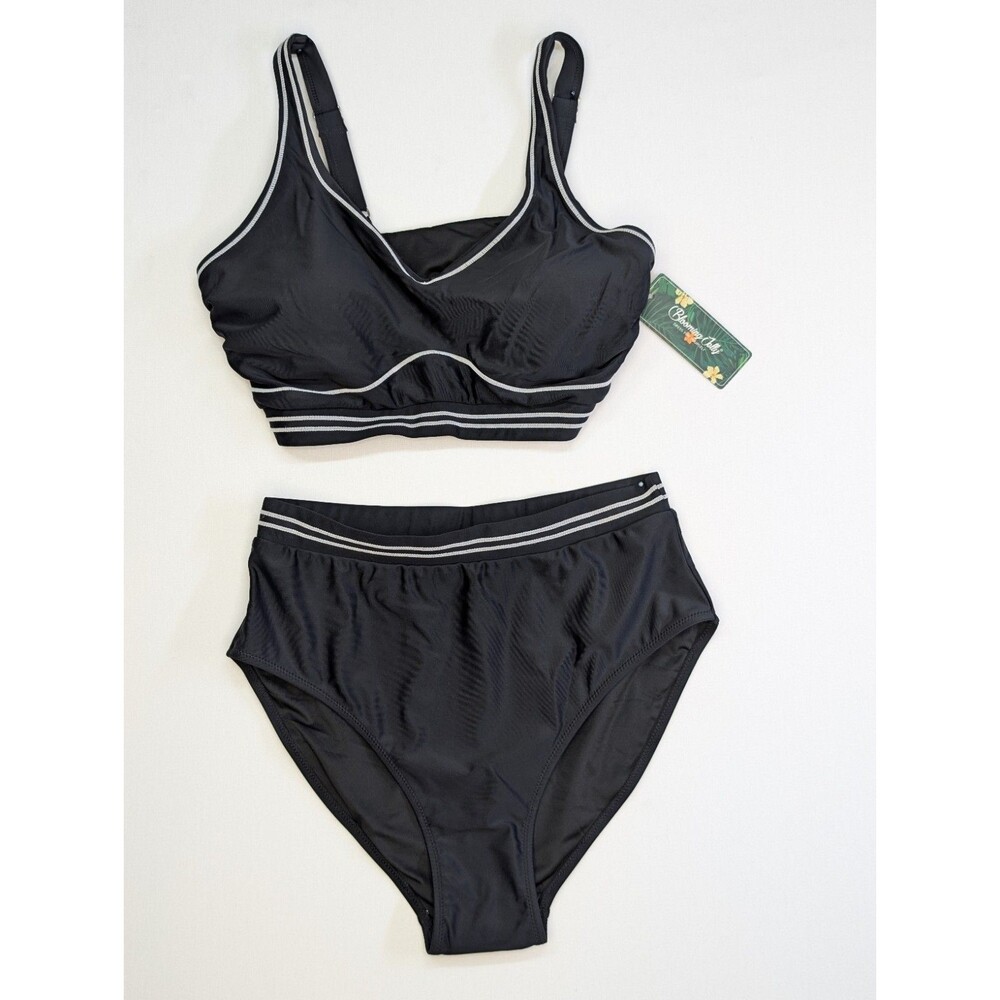 Blooming Jelly High Waisted Bikini Set Black Striped Trim Swimsuit Medium M NWT
